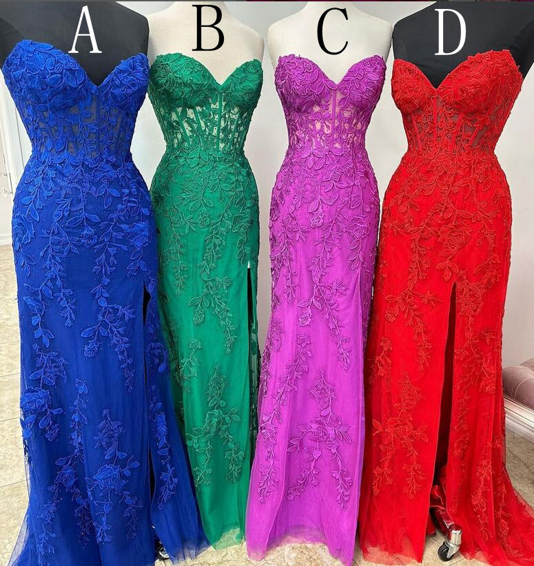 Strapless Leaf Lace Long Prom Dress with Sheer Corset Bodice
