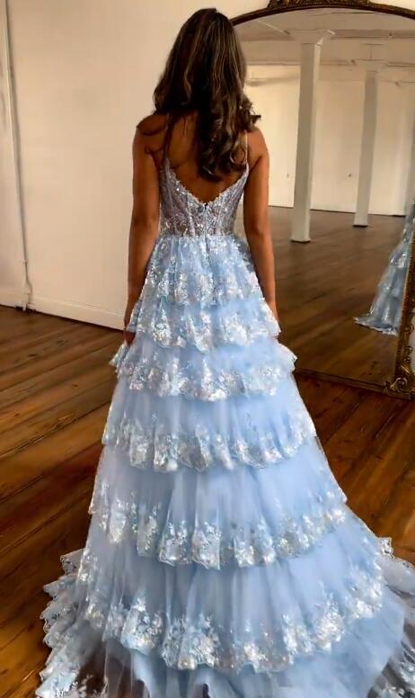 Light Blue Straps Tulle Sequin Prom Dress with Sheer Corset Bodice and Ruffle Skirt