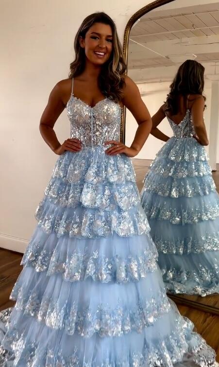 Light Blue Straps Tulle Sequin Prom Dress with Sheer Corset Bodice and Ruffle Skirt