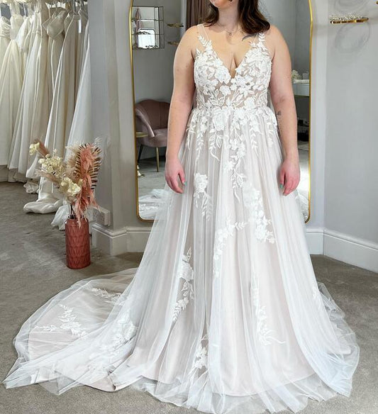 Open Back V-neck A Line Wedding Dresses,Custom Made Bridal Dress DTB111