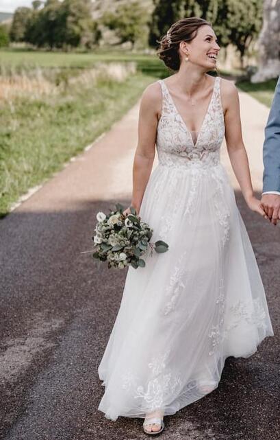 Open Back V-neck A Line Wedding Dresses,Custom Made Bridal Dress DTB112