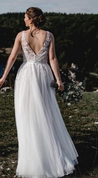 Open Back V-neck A Line Wedding Dresses,Custom Made Bridal Dress DTB112