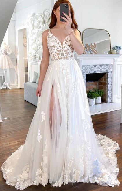 V-neck A-line Wedding Dresses,Custom Made Bridal Dress DTB121