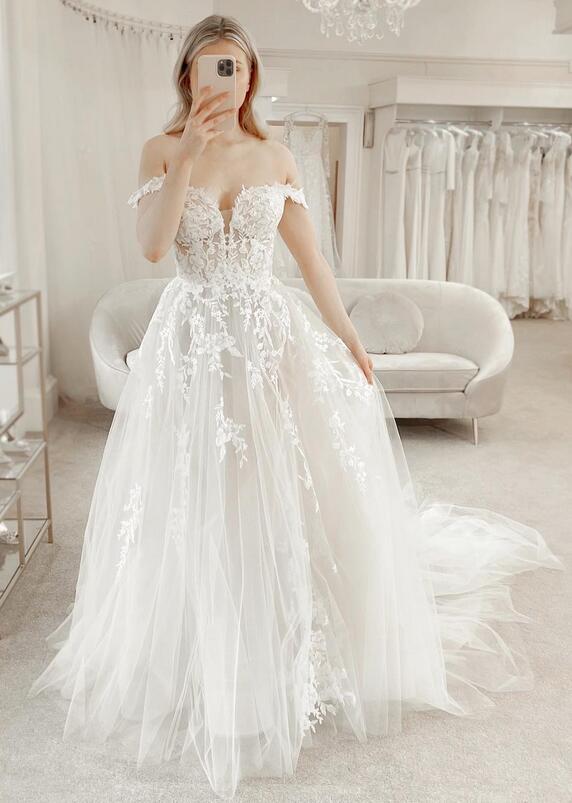 Off the Shoulder A-line Wedding Dresses,Custom Made Bridal Dress DTB123