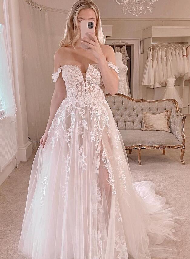 Off the Shoulder A-line Wedding Dresses,Custom Made Bridal Dress DTB124