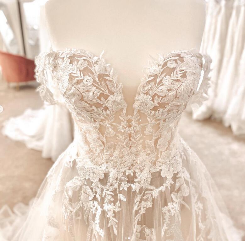 Off the Shoulder A-line Wedding Dresses,Custom Made Bridal Dress DTB125