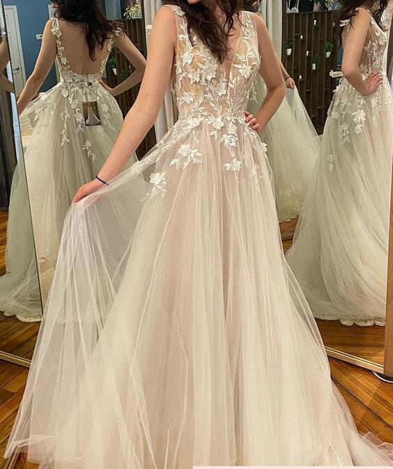 V-neck A-line Wedding Dress, Bridal Gown ,Dresses For Brides DTB130