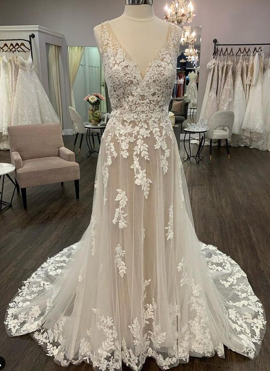 V-neck A-line Wedding Dress, Bridal Gown ,Dresses For Brides DTB135
