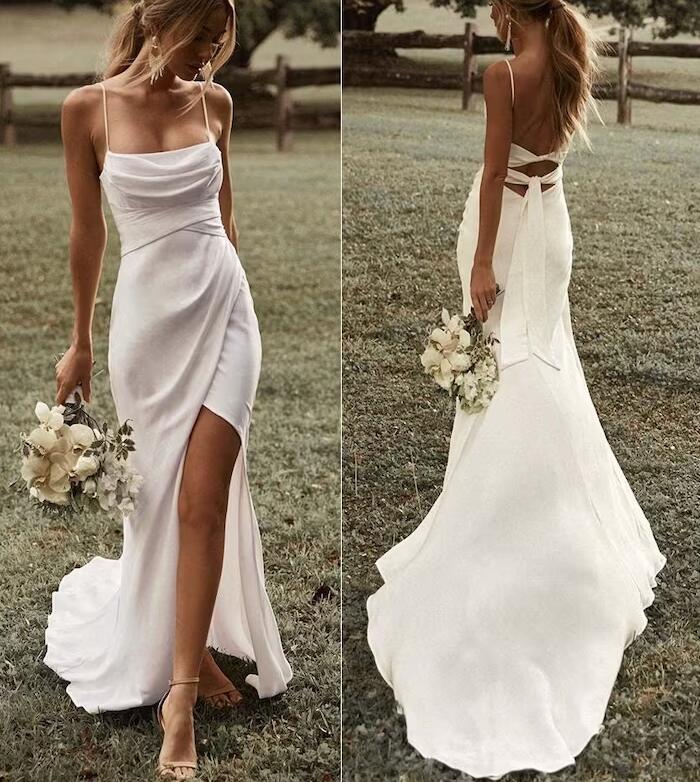 Spaghetti Straps Backless Wedding Dresses with Sweep Train DTB143