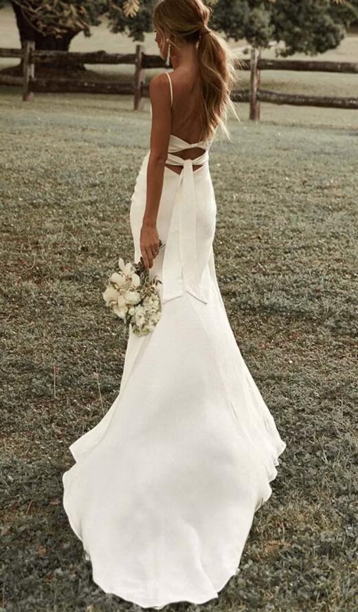 Spaghetti Straps Backless Wedding Dresses with Sweep Train DTB143