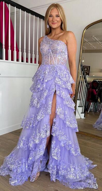 One Shoulder Tulle Sequin A-Line Prom Dress with Sheer Corset Bodice and Ruffle Skirt