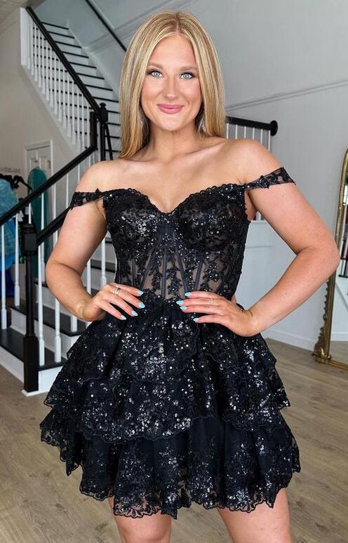 2023 Off the Shoulder A-Line Homecoming dress with Sheer Corset Bodice and Ruffle Skirt, DTH110