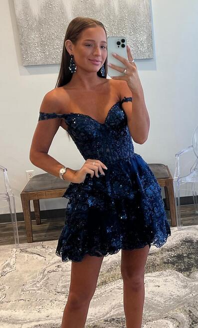 2023 Off the Shoulder A-Line Homecoming dress with Sheer Corset Bodice and Ruffle Skirt DTH116