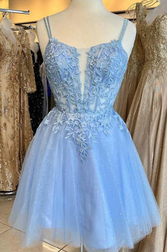Light Blue Sparkly Homecoming Dress with Lace Corset Bodice