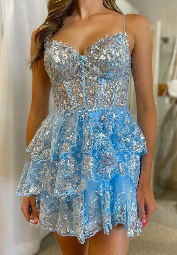 Light Blue Sequin Lace Corset A-Line Tiered Homecoming Dress DTH131