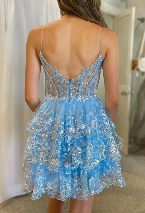 Light Blue Sequin Lace Corset A-Line Tiered Homecoming Dress DTH131