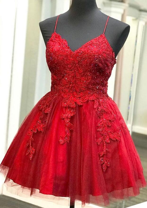 Red V-Neck  Homecoming Dress with Lace-up Back