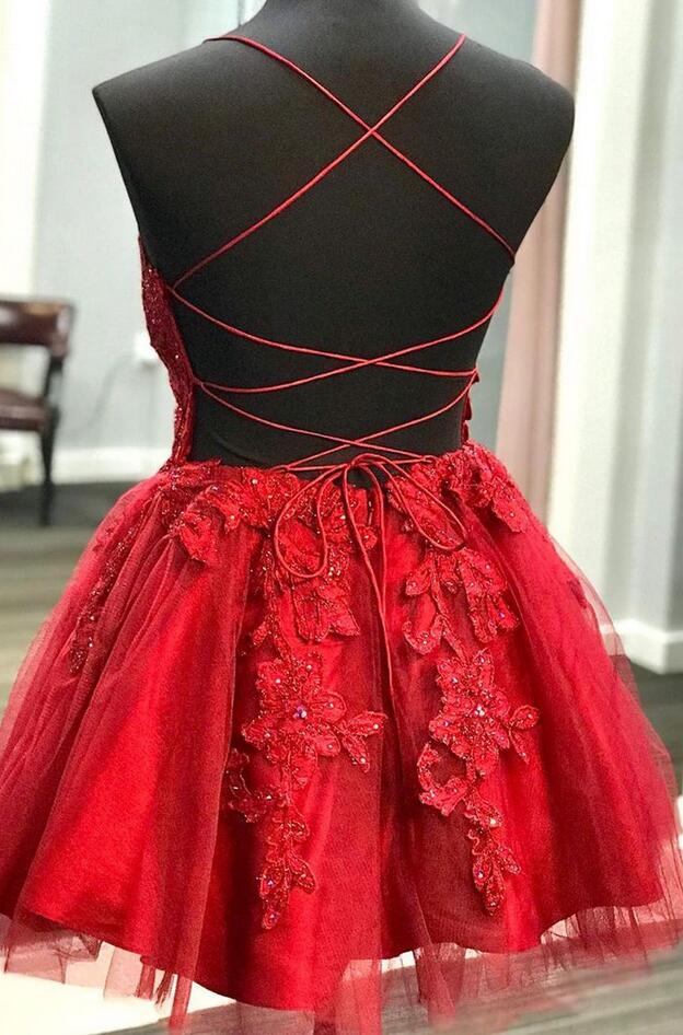 Red V-Neck  Homecoming Dress with Lace-up Back