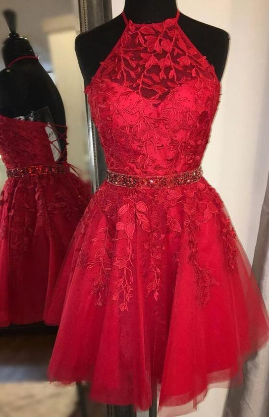 Red Halter Neck Leaf Lace Homecoming Dress
