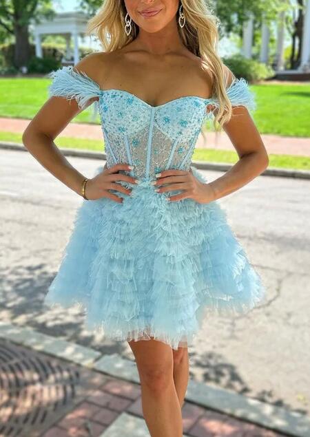 Lace Corset Bodice Homecoming Dress with Off the Shoulder Feathers Ruffle   DTH209