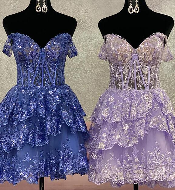 Off the Shoulder Straps Tulle Sequin A-Line Homecoming dress with Sheer Corset Bodice and Ruffle Skirt DTH176