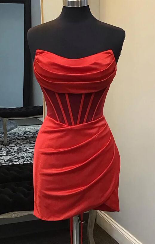 2023 Strapless Pleated Red Satin Homecoming Dress DTH142
