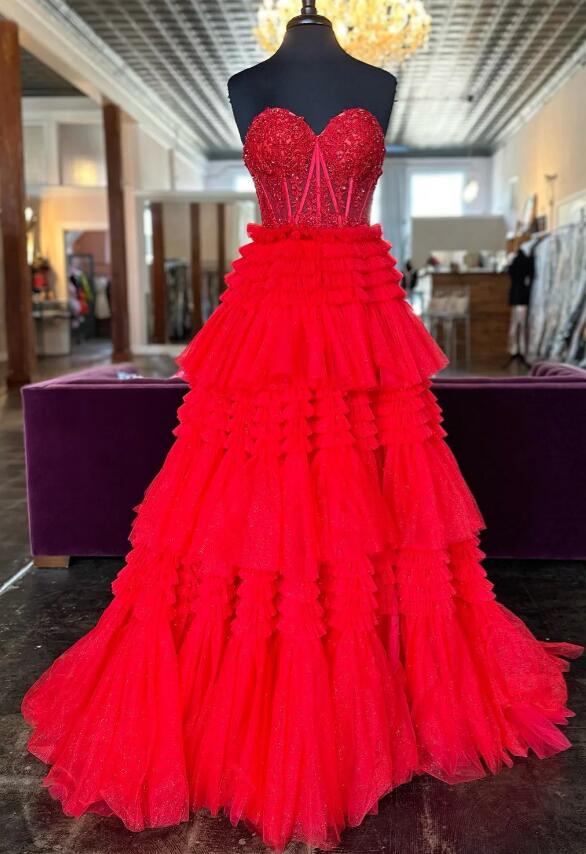 Strapless Sweetheart Sequins Top Multi-Layers Long Prom Dress