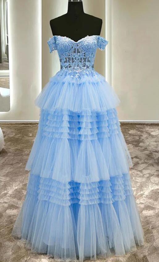 Light Blue Off-the-Shoulder Multi-Layers Tulle Long Prom Dress DT1679