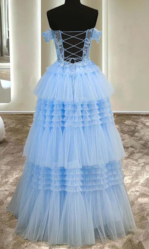 Light Blue Off-the-Shoulder Multi-Layers Tulle Long Prom Dress DT1679