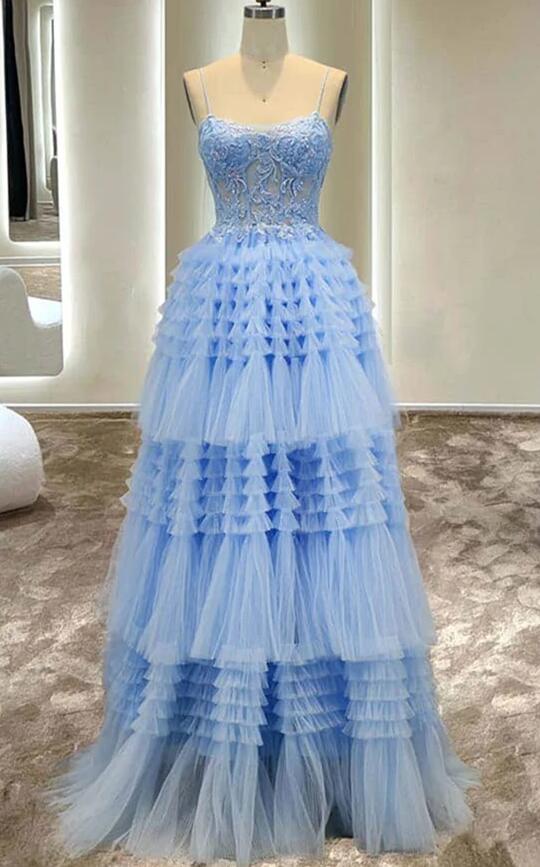 Light Blue Multi-Layers Tulle Long Prom Dress