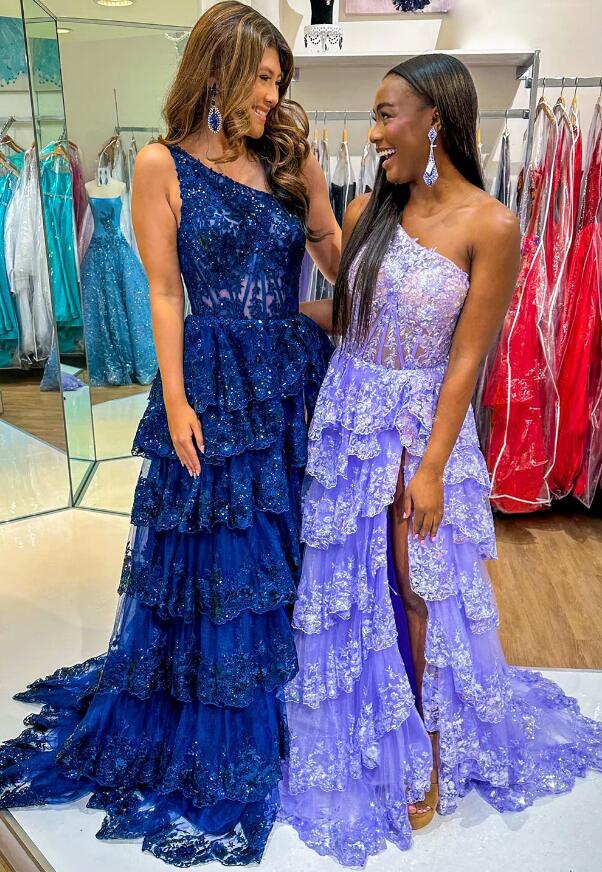 One Shoulder Long Prom Dress with Sheer Corset Bodice and Ruffle Skirt