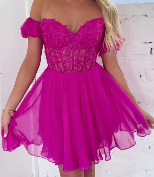 Strapless Chiffon Homecoming Dress with Lace Corset Top and Detachable Balloon Sleeves