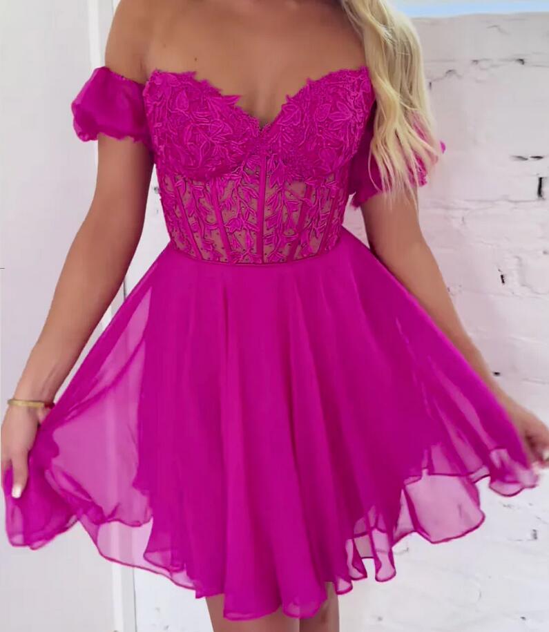 2023 Strapless Chiffon Homecoming Dress with Lace Corset Top and Detachable Balloon Sleeves DTH152