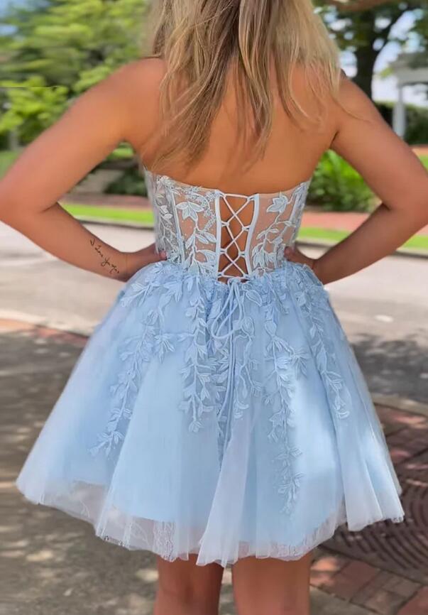 Strapless Light Blue Homecoming Dress with Sheer Corset Bodice