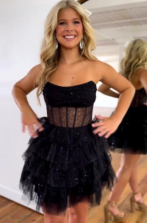 2023 Strapless Sequin Tulle Homecoming Dress with Sheer Corset Bodice and Ruffle Skirt