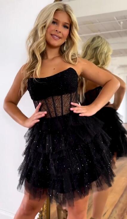 2023 Strapless Sequin Tulle Homecoming Dress with Sheer Corset Bodice DressesTailor 2023 Strapless Sequin Tulle Homecoming Dress with Sheer Corset Bodice DressesTailor