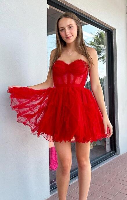 Tulle Homecoming Dress with Sheer Corset Bodice and Ruffle Embellishments DTH214