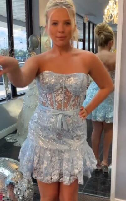 Strapless Sequin Short Prom Dress with Sheer Corset Bodice and Ruffle Hem
