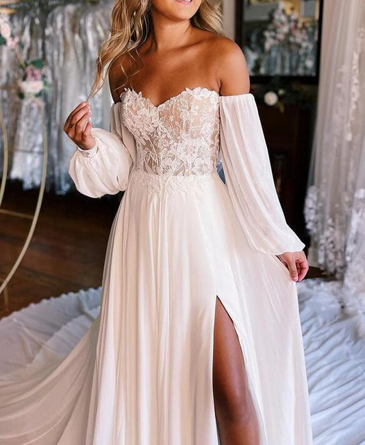 Strapless Chiffon A-line Wedding Dress with Lace Bodice