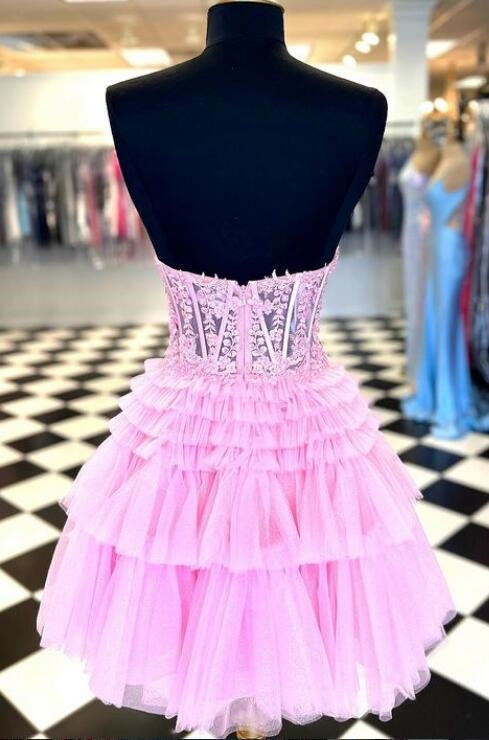 Strapless Sheer Lace Corset Homecoming Dress with Ruffle Tulle Skirt DTH111