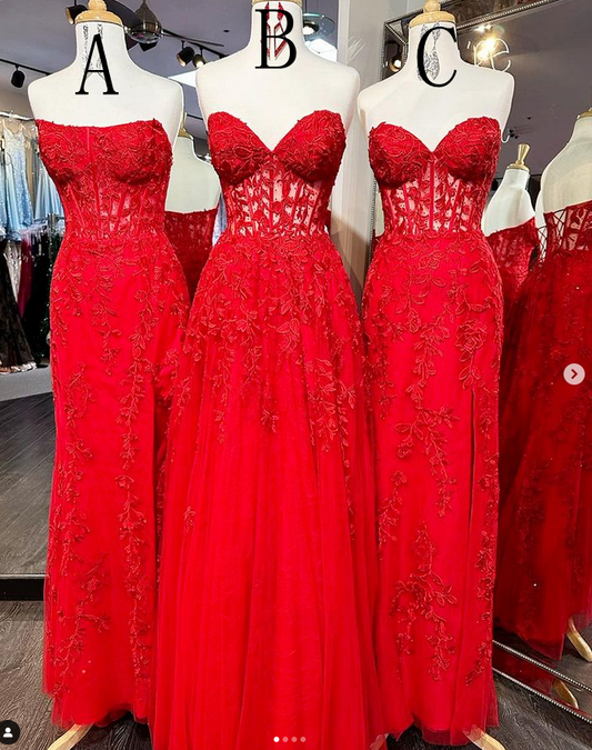 2024 Red Strapless Leaf Lace Prom Dress with Sheer Corset Bodice