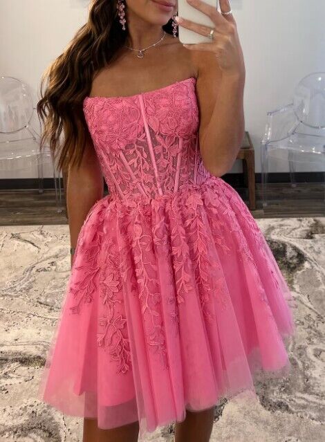 Strapless Leaf Lace Homecoming Dress with Sheer Corset Bodice