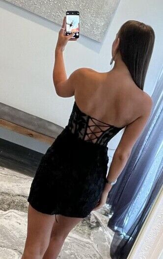 Strapless Black Leaf Lace Fitted Homecoming Dress with Sheer Corset Bo DressesTailor Strapless Black Leaf Lace Fitted Homecoming Dress with Sheer Corset Bo DressesTailor