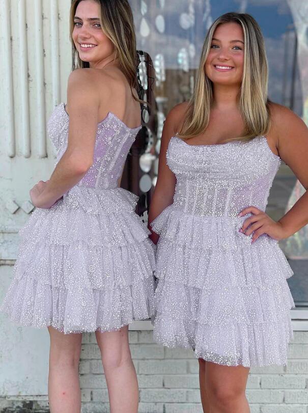 2023 Strapless Ruffle Homecoming Dress,Cocktail Dress with Sequin DTH173