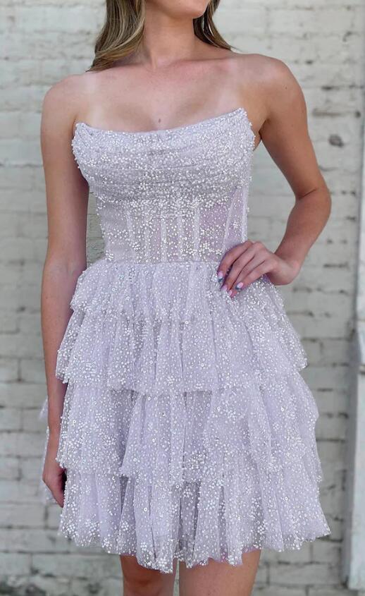 2023 Strapless Ruffle Homecoming Dress,Cocktail Dress with Sequin DTH173