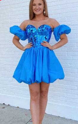 Sweetheart Neckline Cut Glass Embellished Homecoming Dress with Pleated Taffeta Skirt and Puffy Sleeves