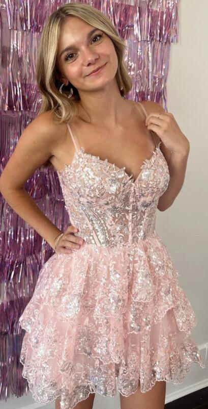 Tulle Sequin A-Line Homecoming dress with Sheer Corset Bodice and Ruffle Skirt DTH200