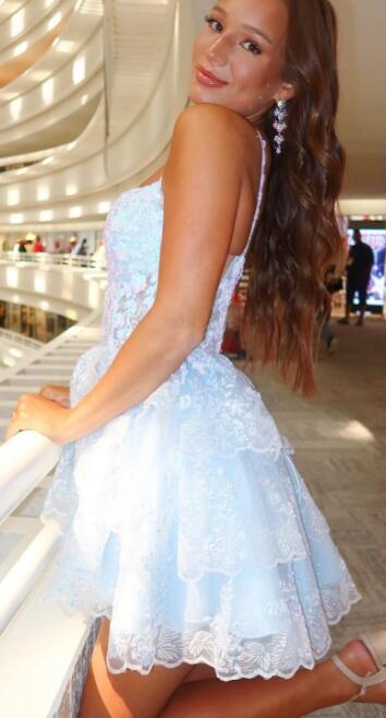 Straps Tulle Sequin A-Line Homecoming dress with Ruffle Skirt
