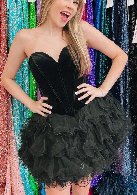 Strapless Homecoming Dress with Velvet Corset Top and Ruffled Organza Skirt