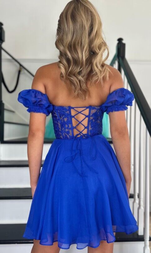 Royal Blue Strapless Chiffon Homecoming Dress with Lace Corset Top and Detachable Balloon Sleeves DTH196